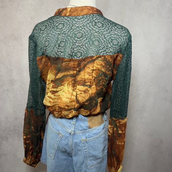 Brazilian Brand Button Down Abstract Print Lace Detail Blouse Size Medium - Picture 2 of 8